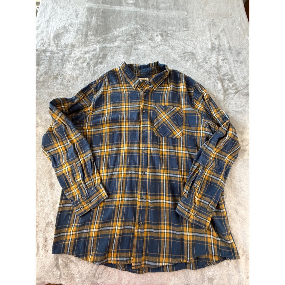 Magellan Outdoors Flannel Shirt Mens 2XL Blue Yellow Plaid Long Sleeve Button Up